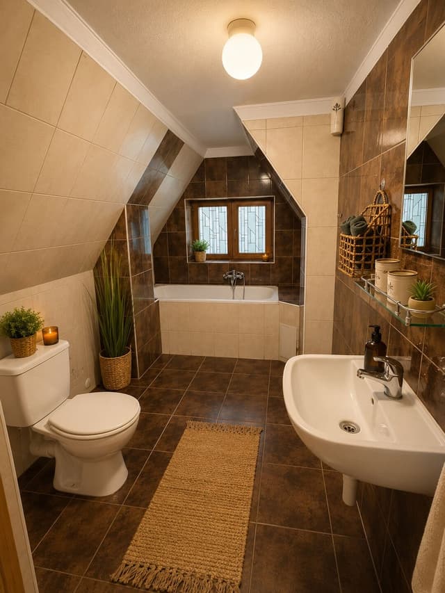 Second-floor bathroom with a bathtub and toilet