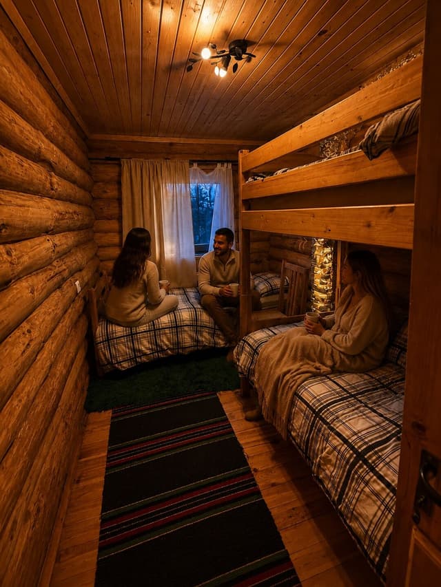 Guests in a ground-floor bedroom with a bunk bed and a single bed