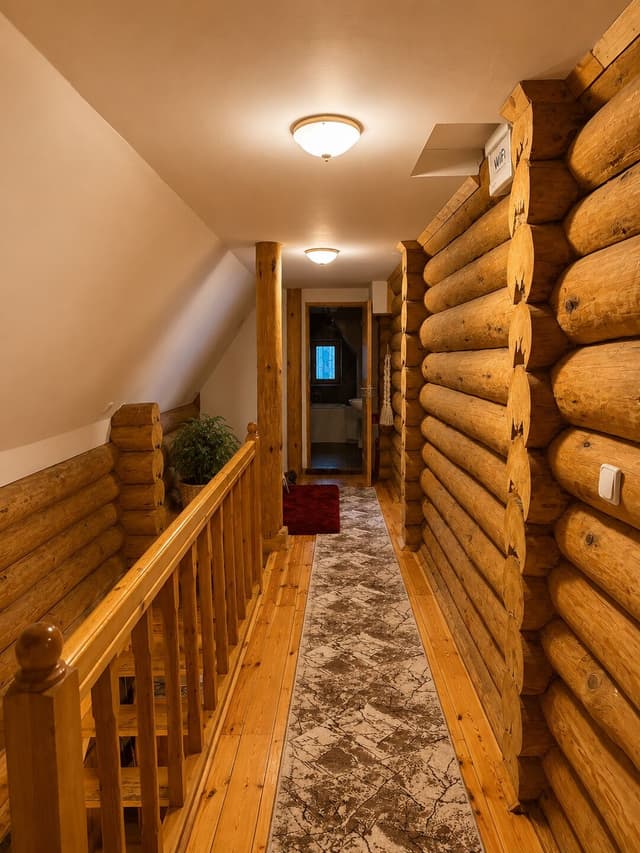 Second-floor corridor with solid log walls