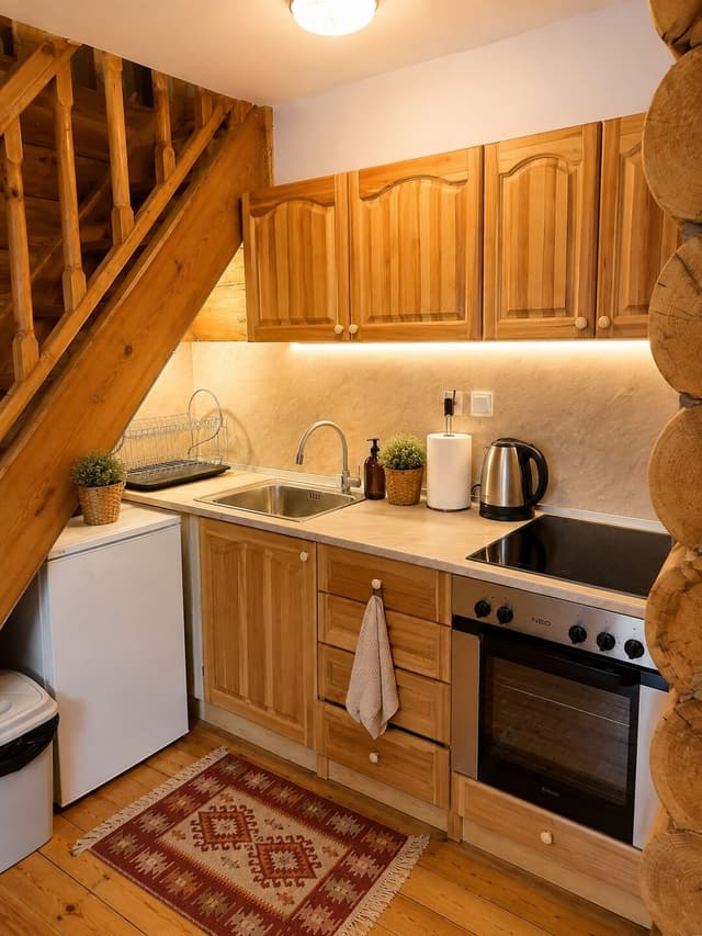 Second kitchen on the upper floor with an oven, sink and fridge