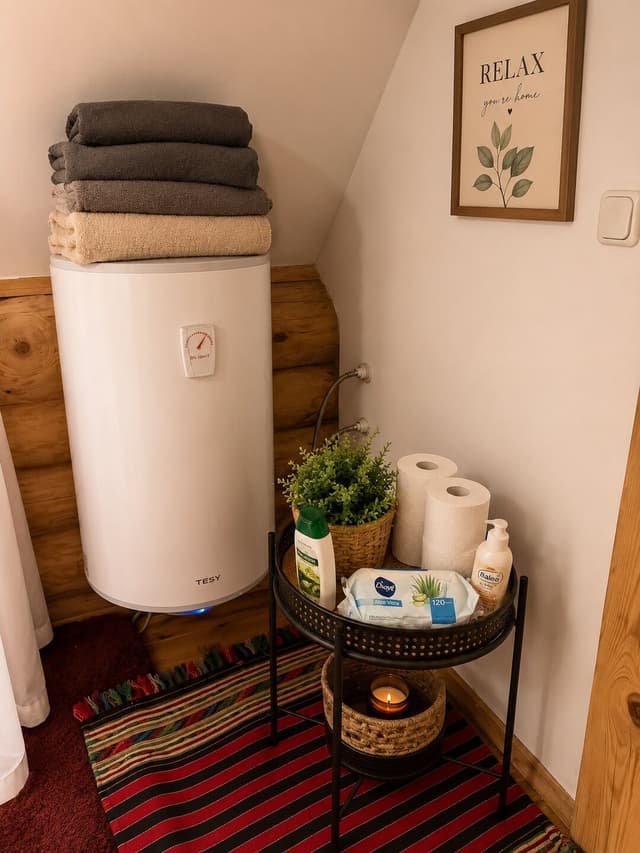 Towels for guests, toiletries and an independent water heater